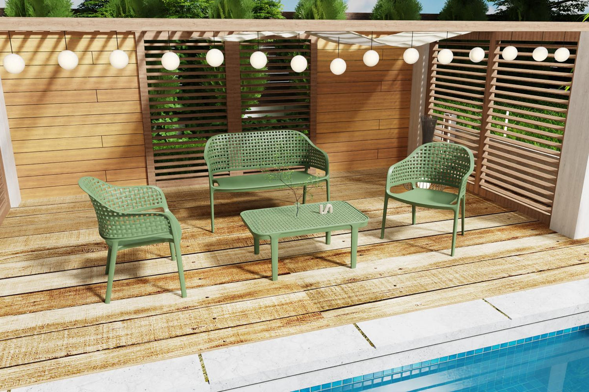 Juego de sala exterior Amalfi verde olivo: mesa de centro, 2 sillas y banco – vista 2
