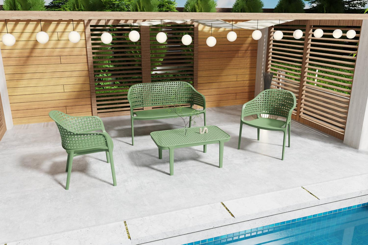 Juego de sala exterior Amalfi verde olivo: mesa de centro, 2 sillas y banco – vista 21