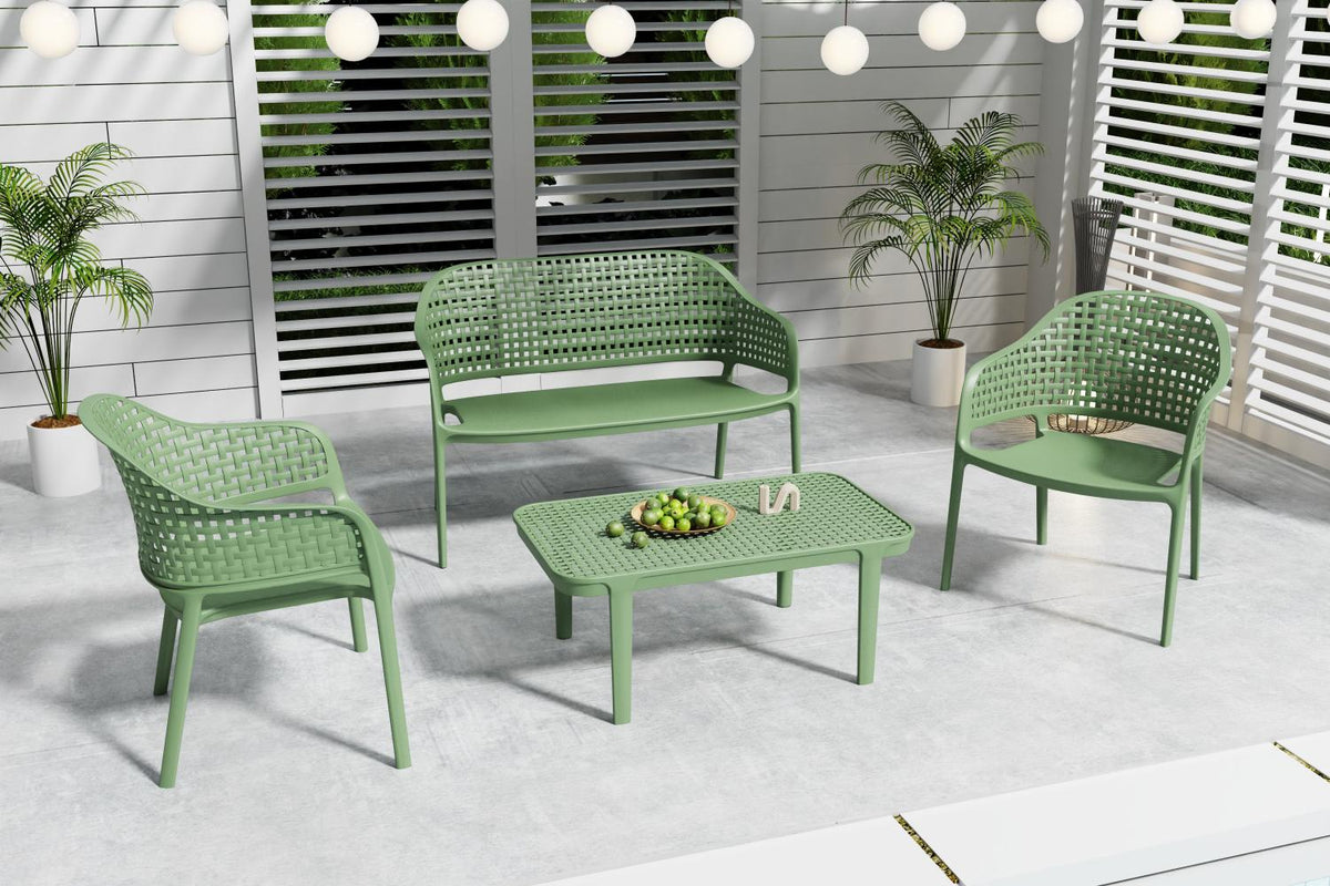 Juego de sala exterior Amalfi verde olivo: mesa de centro, 2 sillas y banco – vista 22