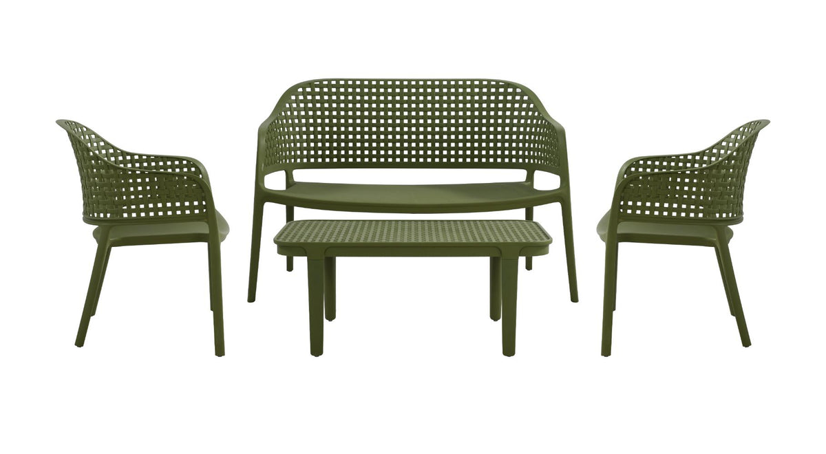 Juego de sala exterior Amalfi verde olivo: mesa de centro, 2 sillas y banco – vista 5