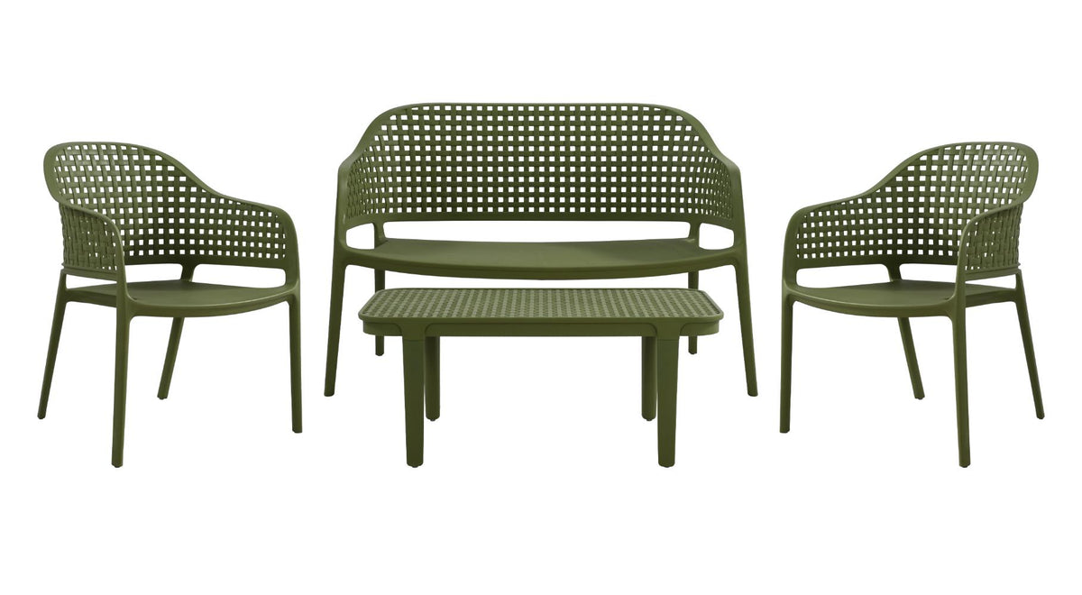 Juego de sala exterior Amalfi verde olivo: mesa de centro, 2 sillas y banco – vista 4