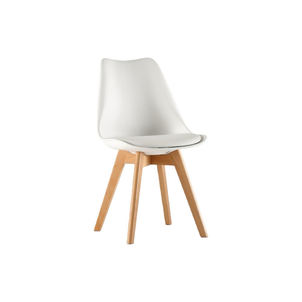 Set de 4 Sillas Fyn, Blanco, Diseño Minimalista con Espaldar, Cojín y Patas de Madera, detalle de ac