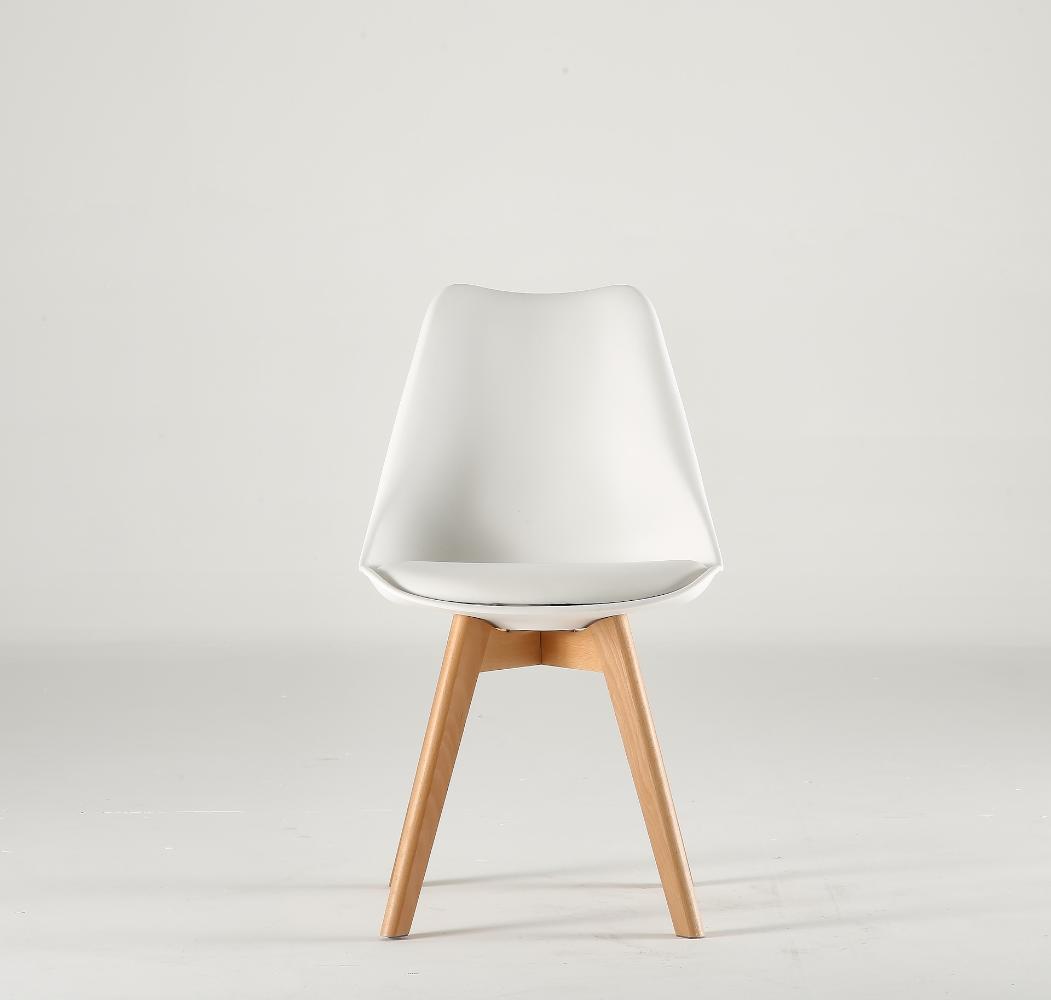 Set de 4 Sillas Fyn, Blanco, Diseño Minimalista con Espaldar, Cojín y Patas de Madera, detalle