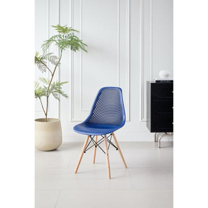 Silla Aira, Color Azul, con Espaldar y Patas en Madera, vista frontal