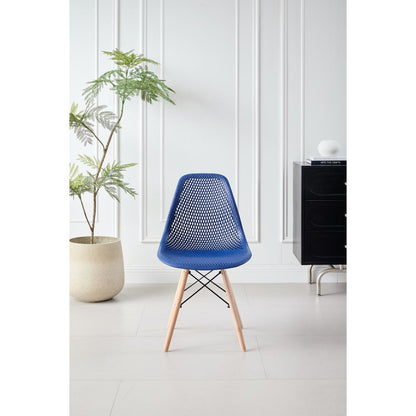 Silla Aira, Color Azul, con Espaldar y Patas en Madera, vista lateral