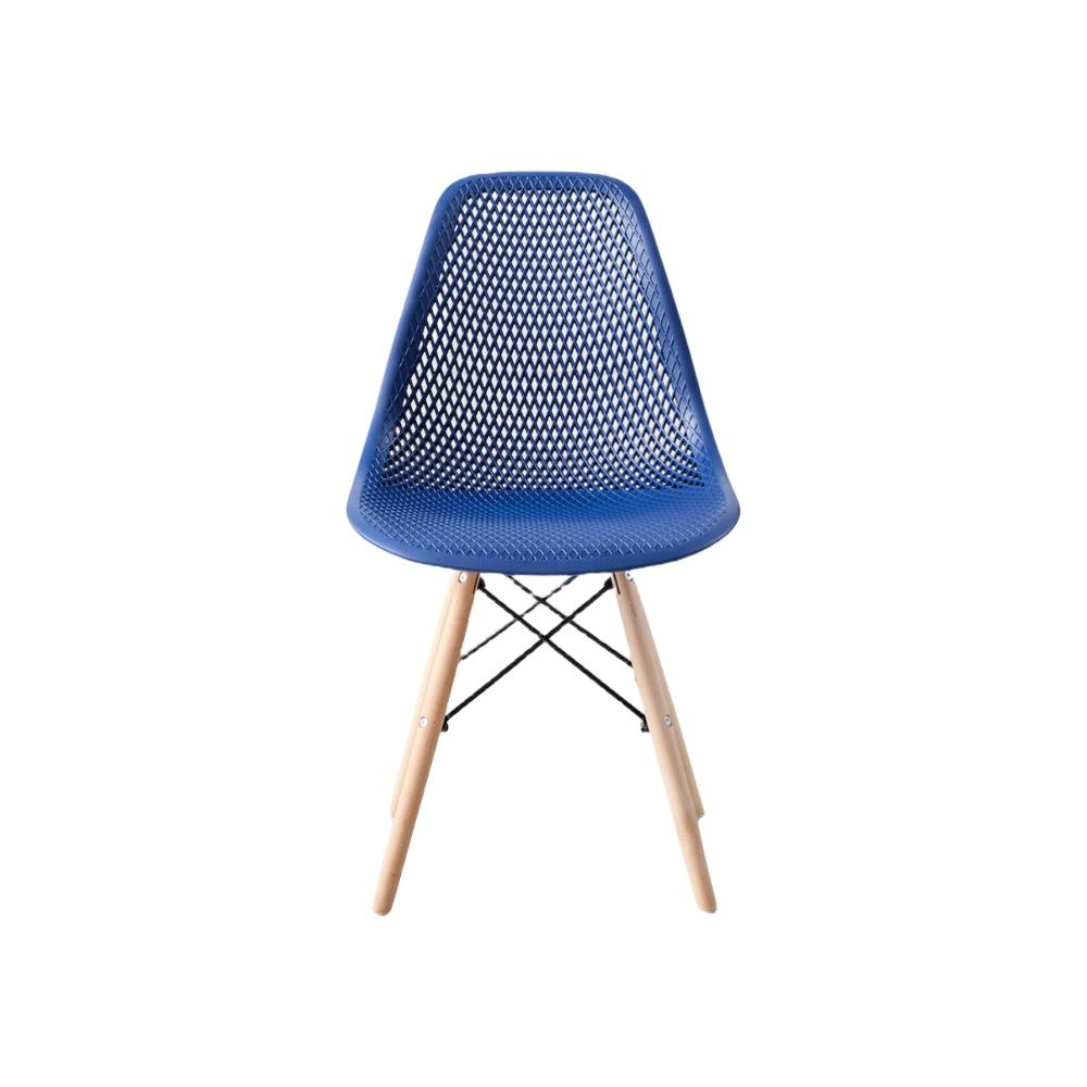 Silla Aira, Color Azul, con Espaldar y Patas en Madera, detalle de acabado