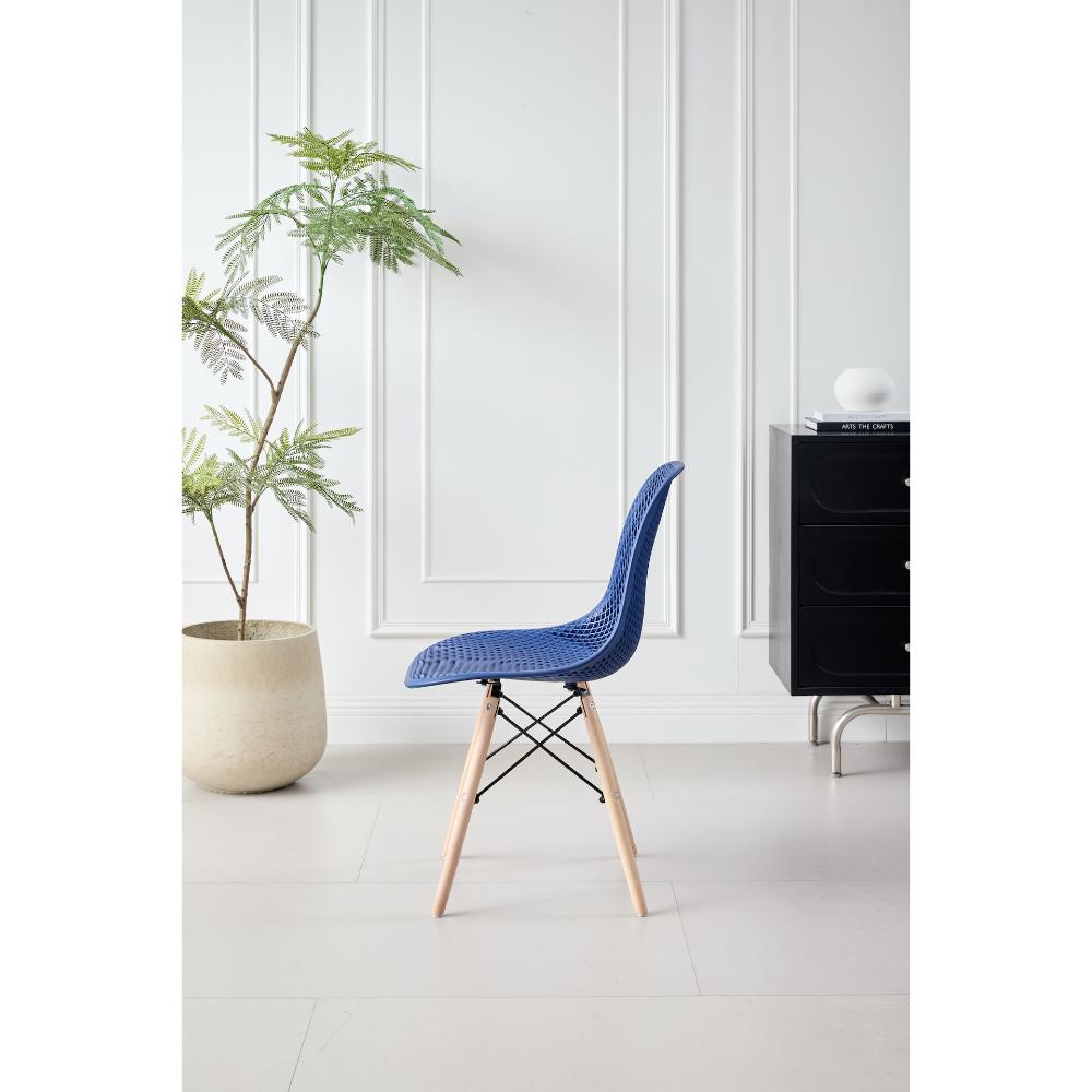 Silla Aira, Color Azul, con Espaldar y Patas en Madera, detalle