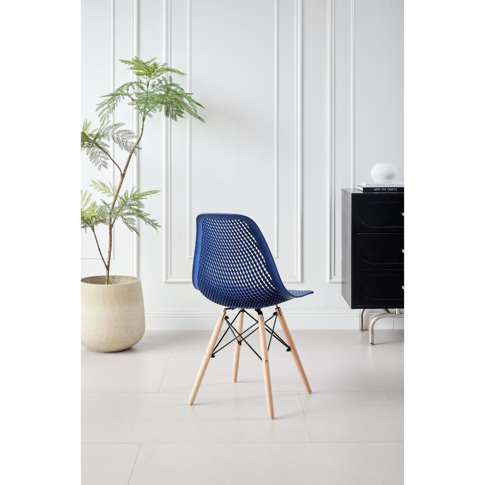 Silla Aira, Color Azul, con Espaldar y Patas en Madera, vista posterior