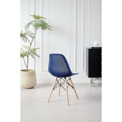 Silla Aira, Color Azul, con Espaldar y Patas en Madera, vista posterior