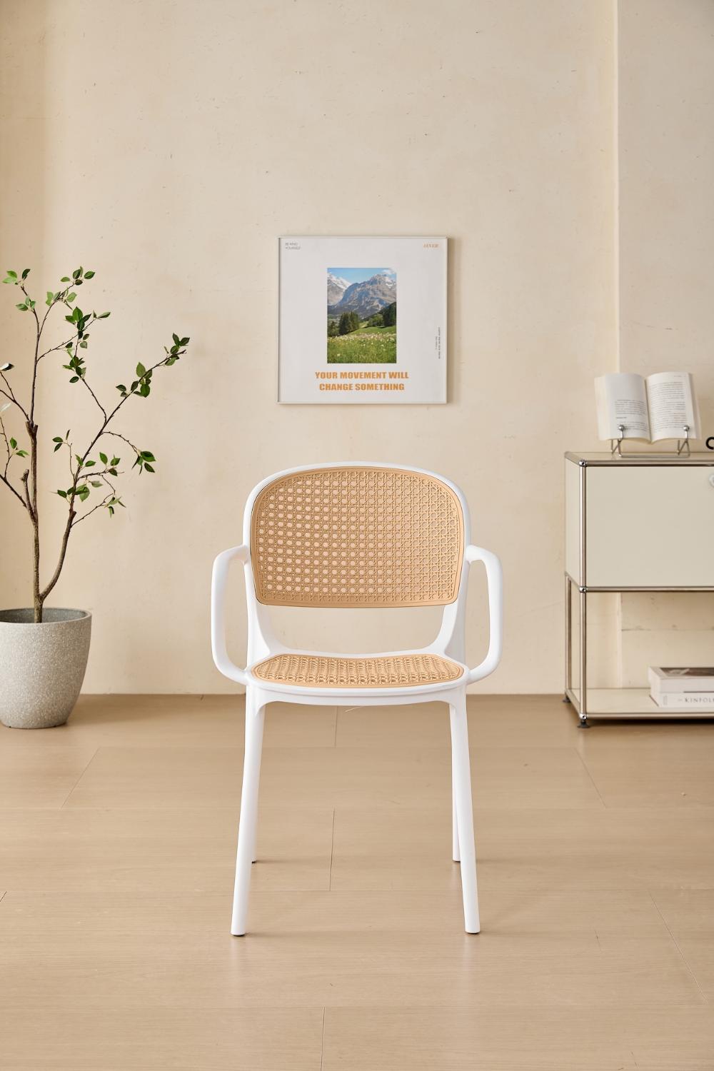 Set de 2 Sillas con Brazos Nest, Color Blanco y Beige, con Espaldar y Asiento en Rejilla