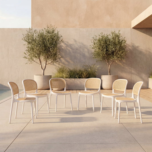Set de 6 Sillas Nest, Color Blanco y Beige, con Espaldar y Asiento en Rejilla
