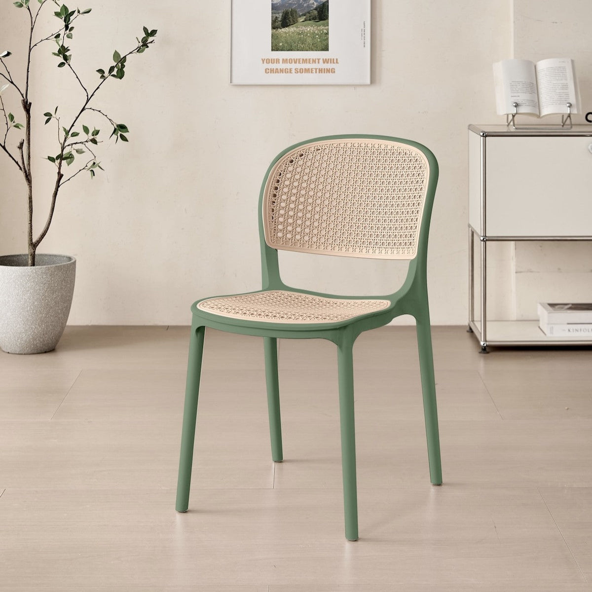 Set de 4 Sillas Nest, Verde Olivo y Beige, con Espaldar y Asiento en Rejilla