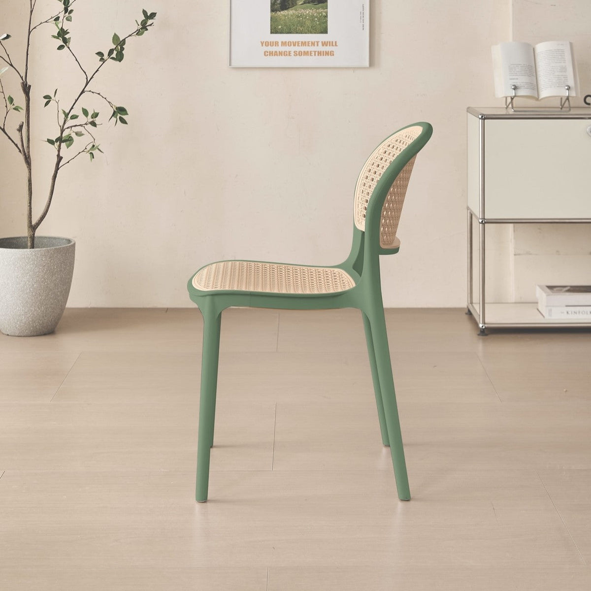 Silla Nest, Verde Olivo y Beige, con Espaldar y Asiento en Rejilla