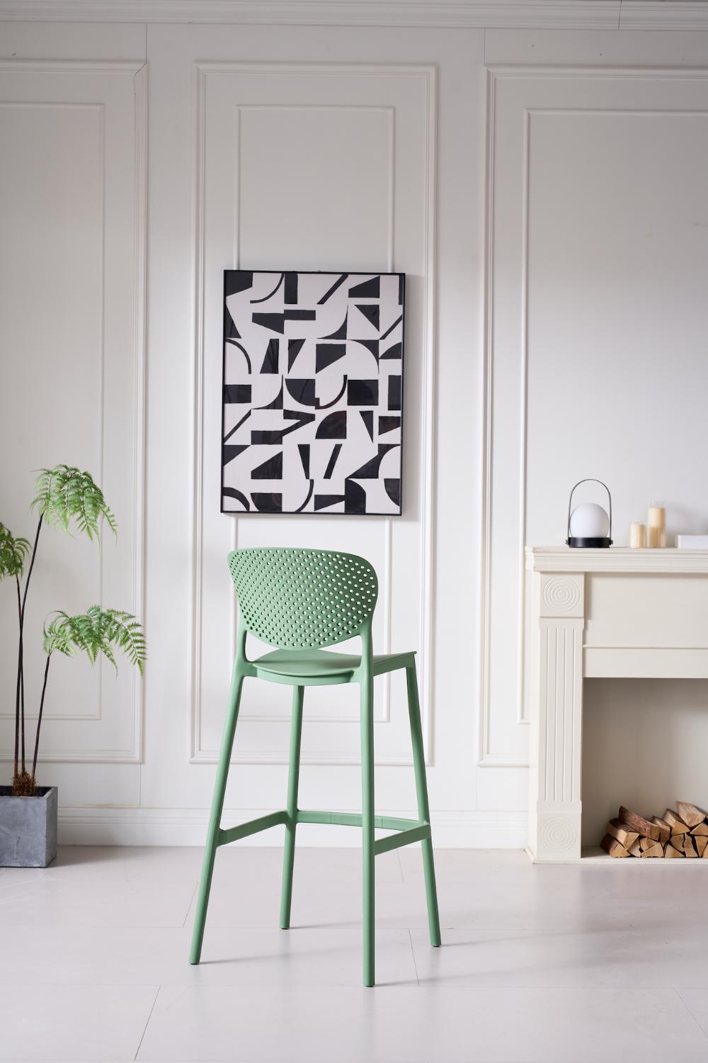 Silla para Bar Río, Color Verde Olivo, Diseño Moderno, vista posterior