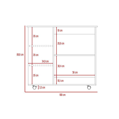 Mesa Auxiliar de Cocina Coralyn, Blanco y Café Claro, con tres entrepaños y rodachines - VIRTUAL MUEBLES