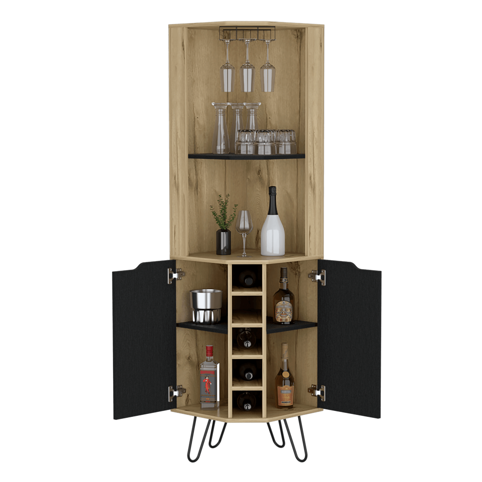 Bar Esquinero Cleo, Café Claro y Wengue, 2 Puertas con Con Espacio Para Porta Vasos y Botellas - VIRTUAL MUEBLES