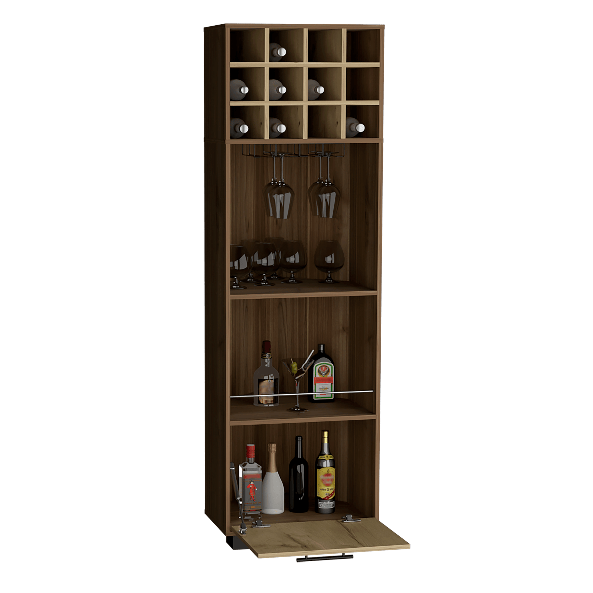 Bar Esquinero Marsel, Castaño y Café Claro, con Una Puerta Abatible y Espacio Porta Copas - VIRTUAL MUEBLES