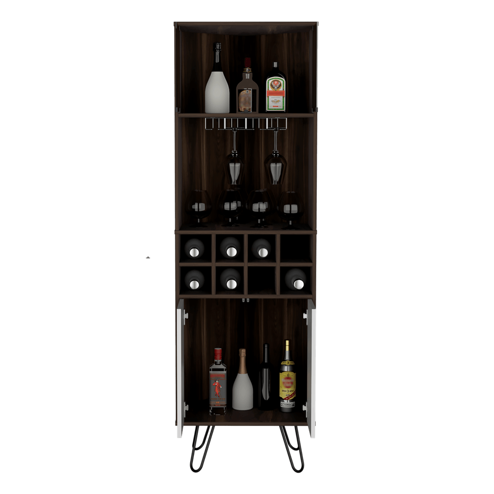 Bar Esquinero, Lara, Caoba y Blanco, con Colgador De Copas y Dos Puertas De Vidrio - VIRTUAL MUEBLES