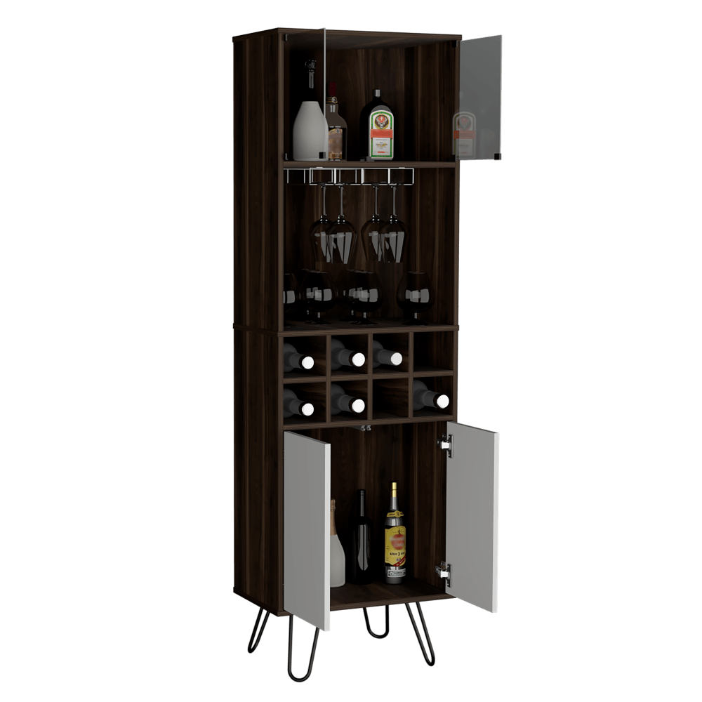 Bar Esquinero, Lara, Caoba y Blanco, con Colgador De Copas y Dos Puertas De Vidrio - VIRTUAL MUEBLES