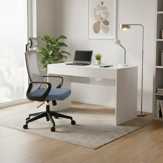 Combo oficina Home escritorio blanco y silla ergonómica de malla