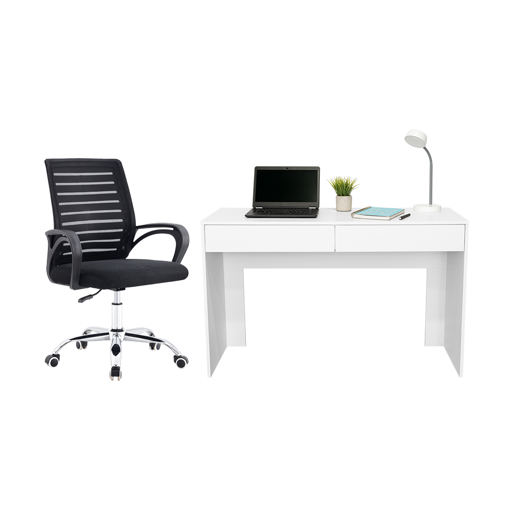 Combo para Oficina Yarik, Incluye Escritorio y Silla de Escritorio blanco, vista frontal