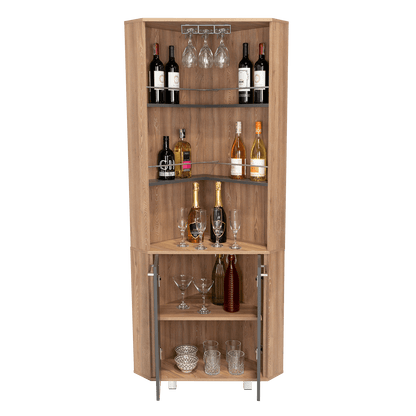 Bar Polinesio, Miel y Plata Oscuro, con Espacio Para Botellas y Copas - VIRTUAL MUEBLES