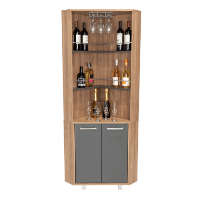 Bar Polinesio, Miel y Plata Oscuro, con Espacio Para Botellas y Copas - VIRTUAL MUEBLES