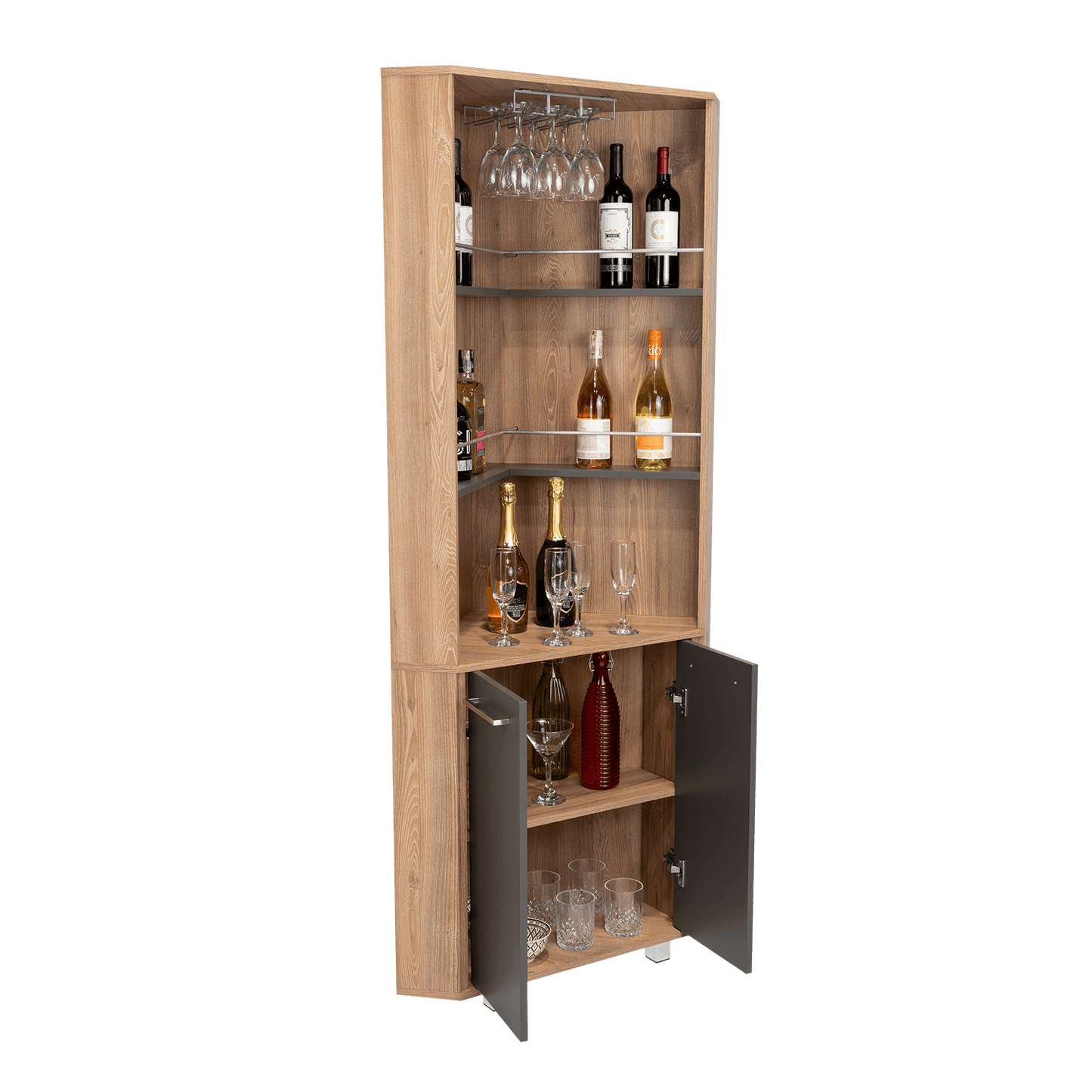 Bar Polinesio, Miel y Plata Oscuro, con Espacio Para Botellas y Copas - VIRTUAL MUEBLES