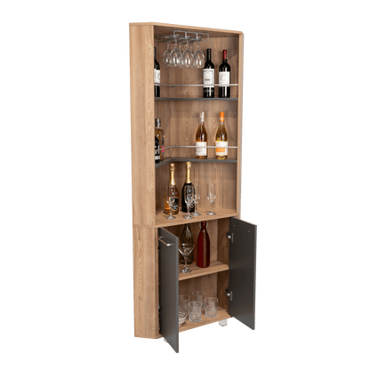 Bar Polinesio, Miel y Plata Oscuro, con Espacio Para Botellas y Copas - VIRTUAL MUEBLES