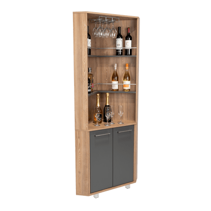 Bar Polinesio, Miel y Plata Oscuro, con Espacio Para Botellas y Copas - VIRTUAL MUEBLES