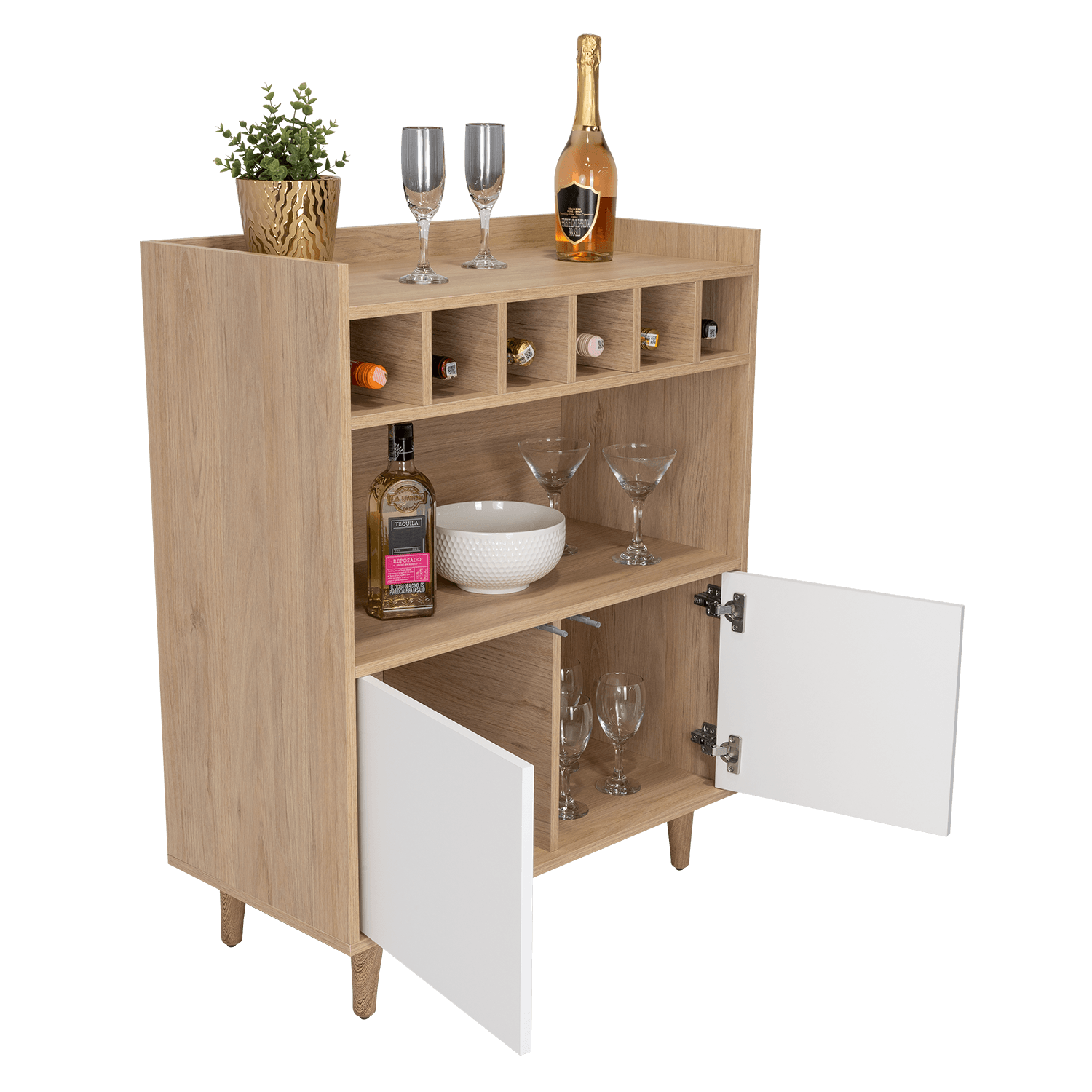 Bar Burdeos, Beige y Blanco, con Espacio Para Botellas y Porta Copas - VIRTUAL MUEBLES