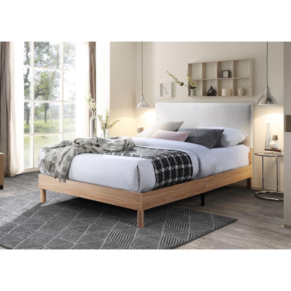 Cama doble Sonia beige con respaldo tapizado, 110 x 143 x 197 cm
