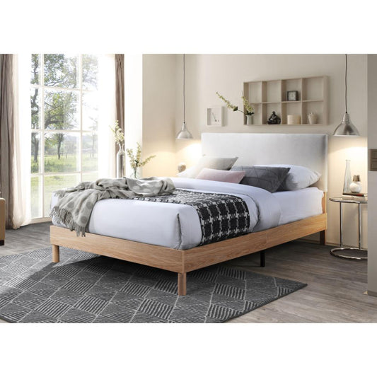 Cama doble Sonia beige con respaldo tapizado, 110 x 143 x 197 cm