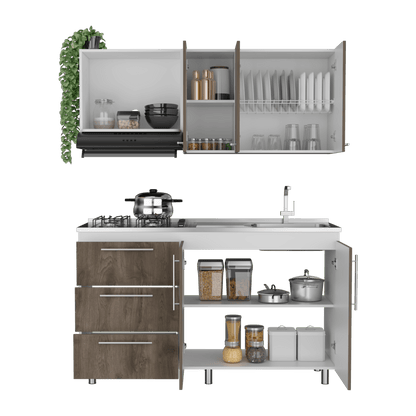 Cocina Integral Rubio, Blanco Duqueza y Nogal, Incluye Mesón Derecho - VIRTUAL MUEBLES