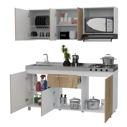 Cocina Integral Alan, Café Claro y Blanco, Incluye Mesón Izquierdo En Acero Inoxidable - VIRTUAL MUEBLES