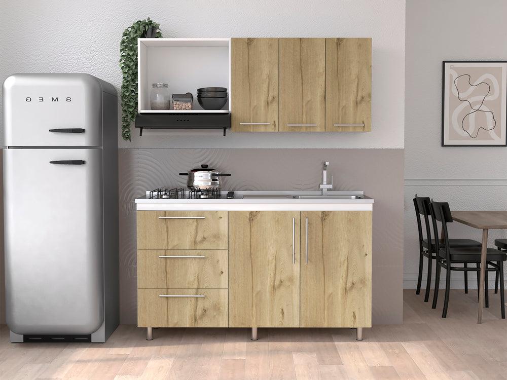 Cocina Integral Rubio, Blanco Duqueza y Café Claro, incluye Mesón Derecho - VIRTUAL MUEBLES