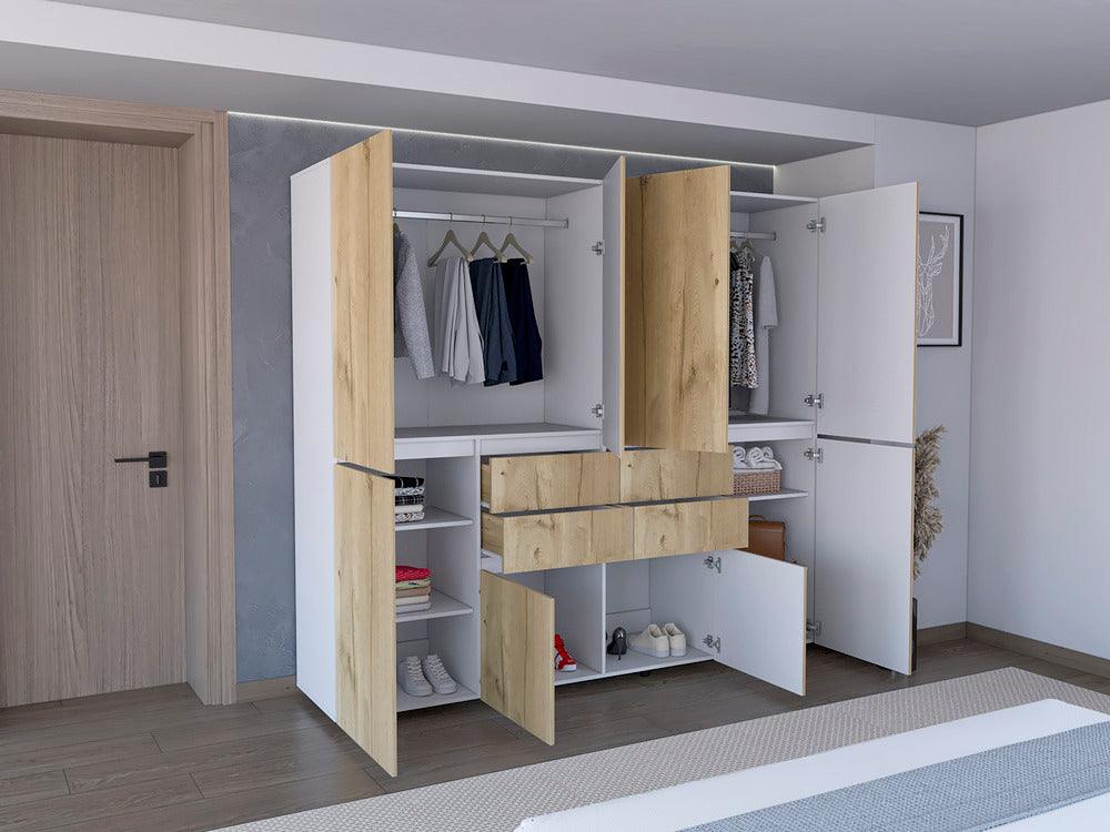 Closet Siruela, Café Claro y Blanco, con Cuatro Cajones, Ocho Puertas y Gran Capacidad de Almacenamiento - VIRTUAL MUEBLES