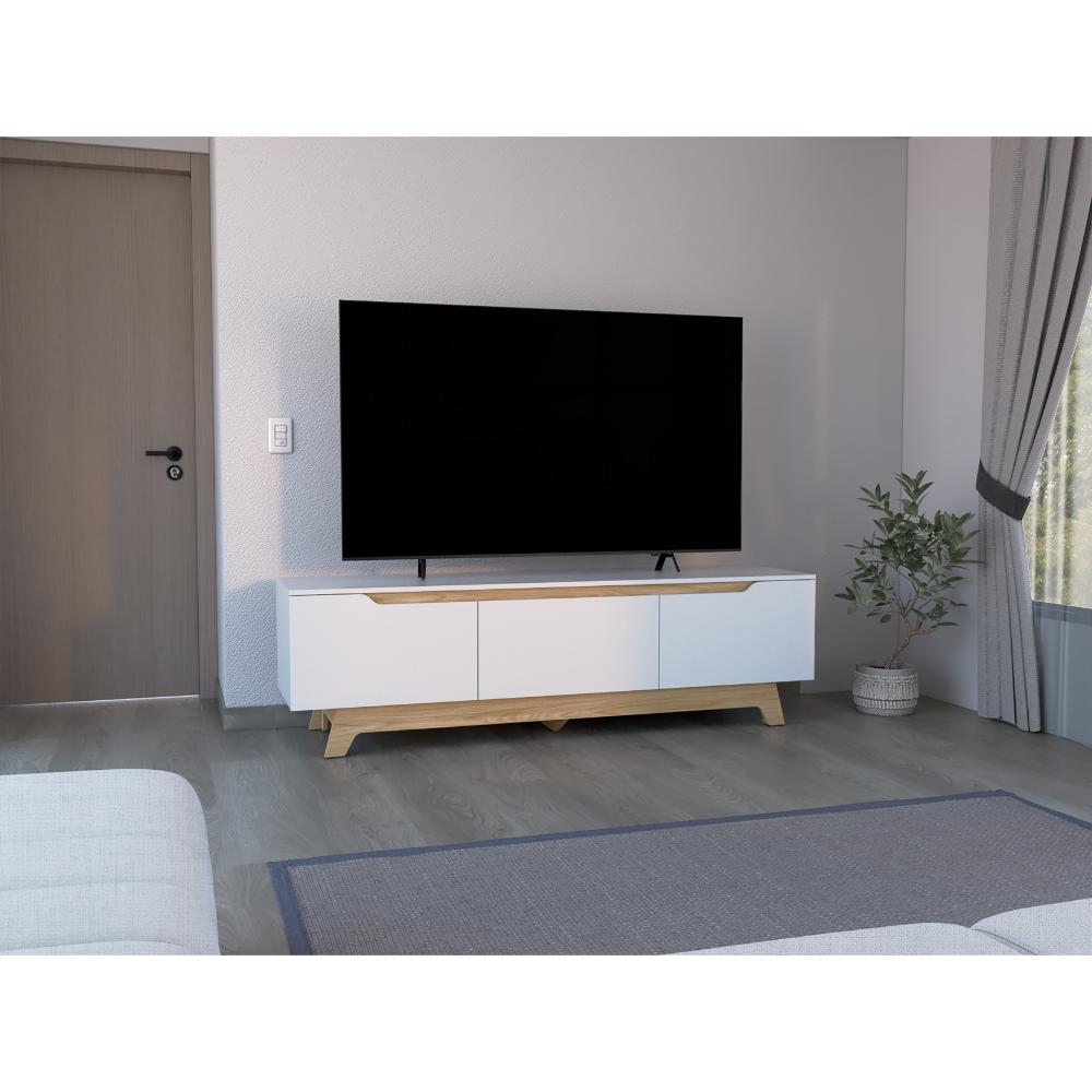 Mesa Para Tv Toulo, Blanco y Freno, con dos puertas abatibles y un cajon