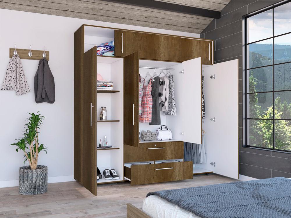 Closet Babel, Cobre y Blanco, con Cuatro Puertas Abatibles y Cuatro Cajones Multiusos - VIRTUAL MUEBLES