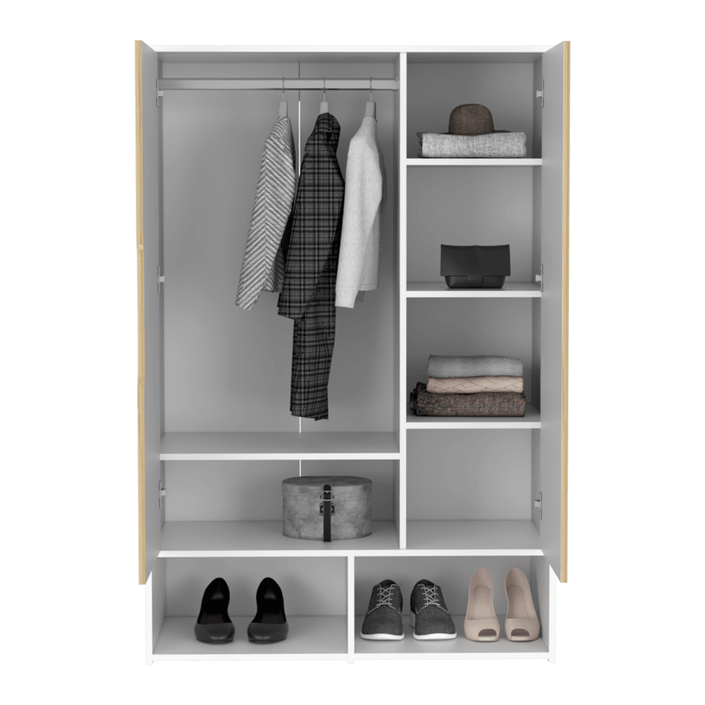 Closet Suey, Café Claro y Blanco, con Dos Puertas y Tubo Metalico Para Colgar Ropa - VIRTUAL MUEBLES