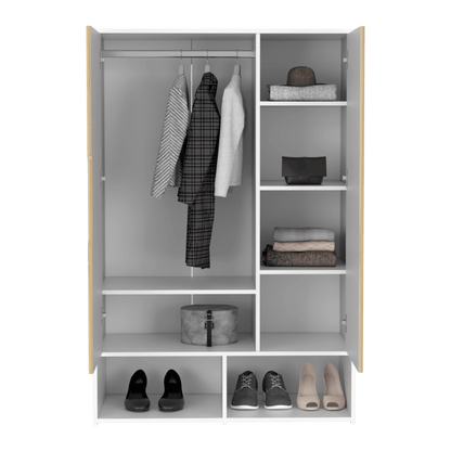 Closet Suey, Café Claro y Blanco, con Dos Puertas y Tubo Metalico Para Colgar Ropa - VIRTUAL MUEBLES