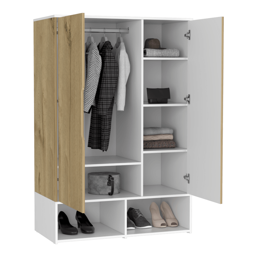 Closet Suey, Café Claro y Blanco, con Dos Puertas y Tubo Metalico Para Colgar Ropa - VIRTUAL MUEBLES