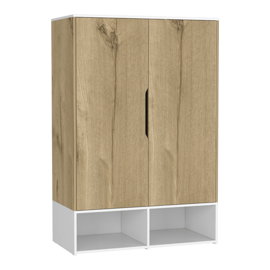 Closet Suey, Café Claro y Blanco, con Dos Puertas y Tubo Metalico Para Colgar Ropa - VIRTUAL MUEBLES