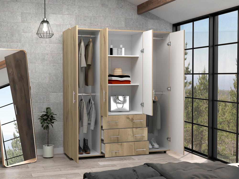 Closet Fontana, Café Claro y Blanco, con Cuatro Tubos Para Colgar Ropa y Zapatero En La Parte Inferior - VIRTUAL MUEBLES