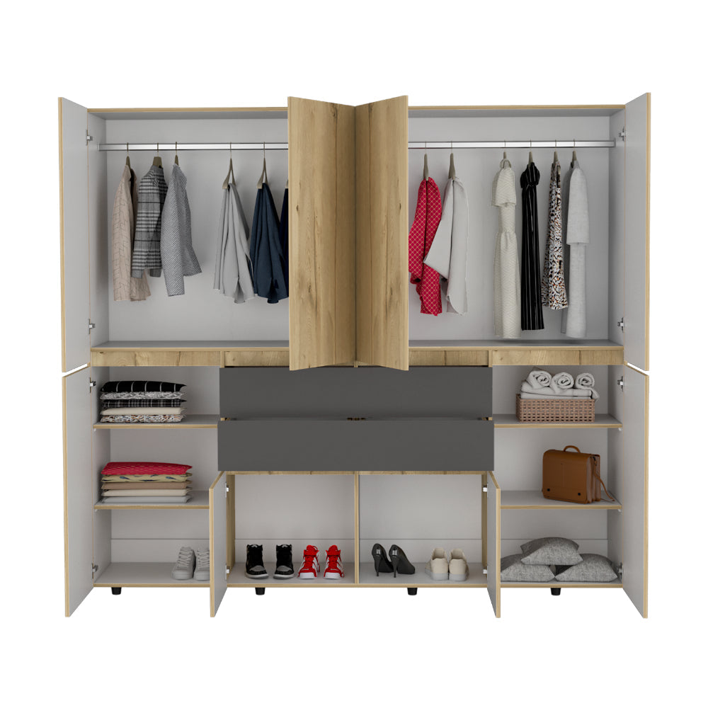 Closet Siruela, Café Claro y Blanco, con Cuatro Cajones, Ocho Puertas y Gran Capacidad de Almacenamiento