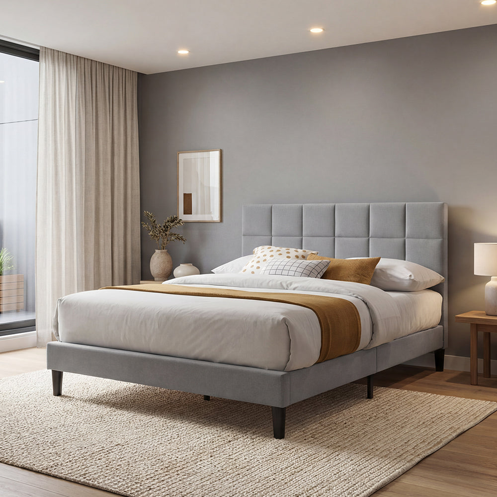 Cama doble Vertex gris claro con espaldar alto tapizado, para colchón 140x190