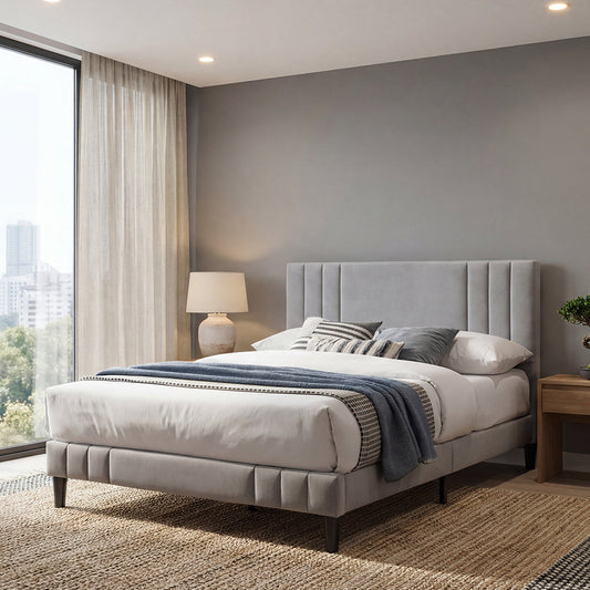 Cama doble Majestic gris claro con espaldar alto tapizado