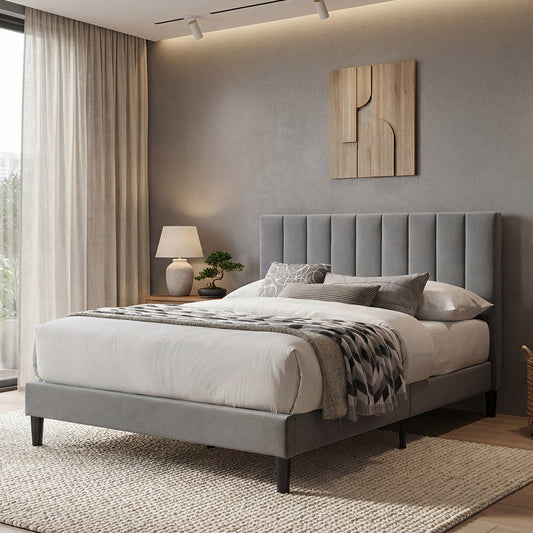 Cama doble Lisa gris oscuro con espaldar alto tapizado, para colchón 140 x 190