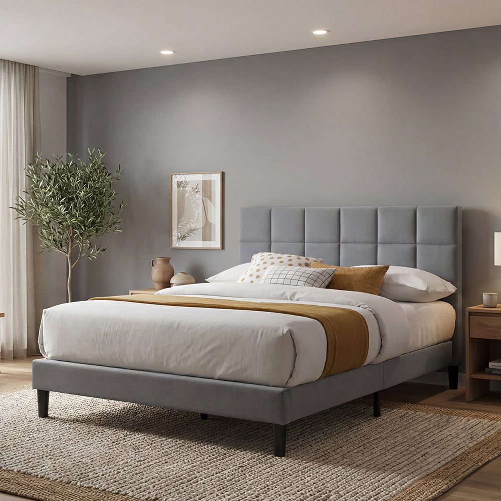 Cama doble Vertex gris oscuro con espaldar alto tapizado, para colchón 140x190