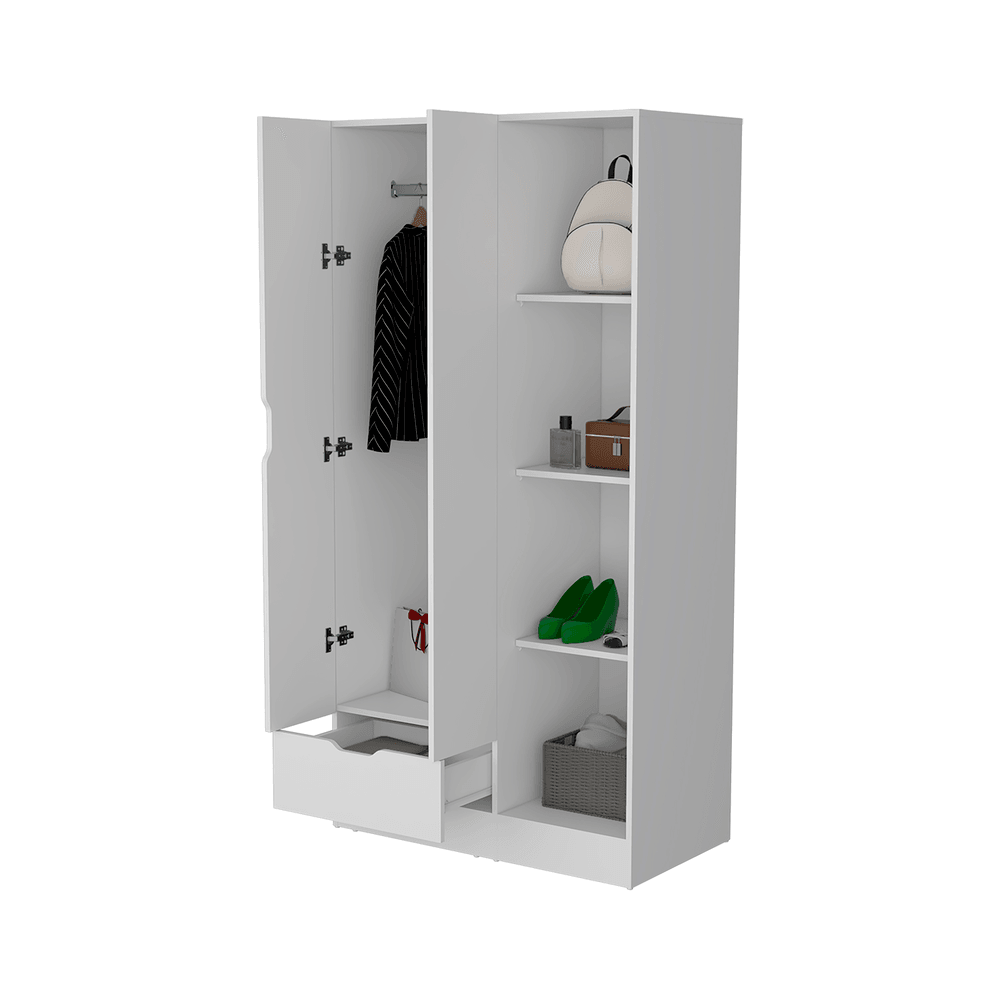 Closet Memphis, Blanco Duqueza, con un tubo cromado y cuatro entrepaños ZF - VIRTUAL MUEBLES